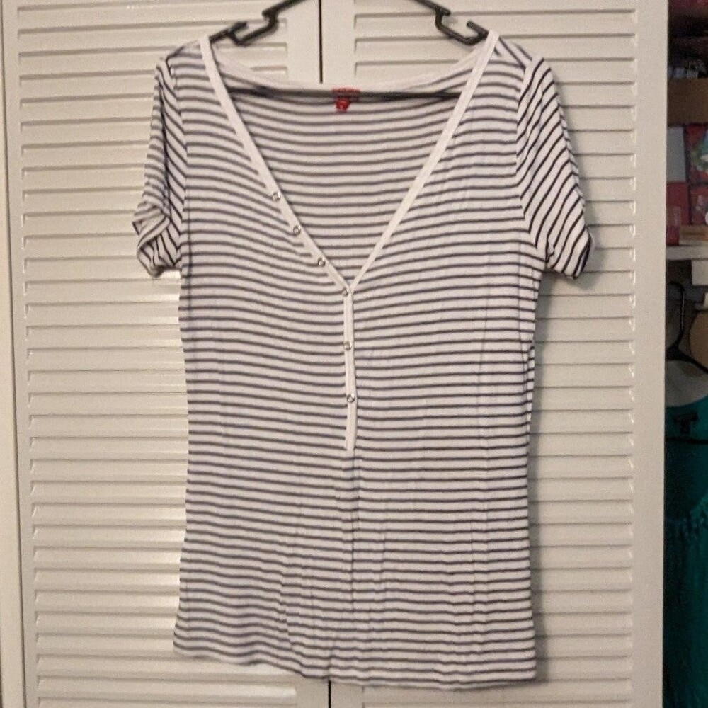 Y2K Whimsigoth Coquette Soft Grunge Guess XL VNeck Black White Striped Shirt
